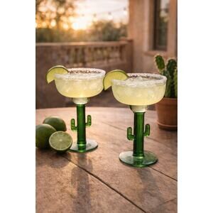 Vintage Cactus Margarita Glasses Set 2 Hand Blown Mexican Green Stem